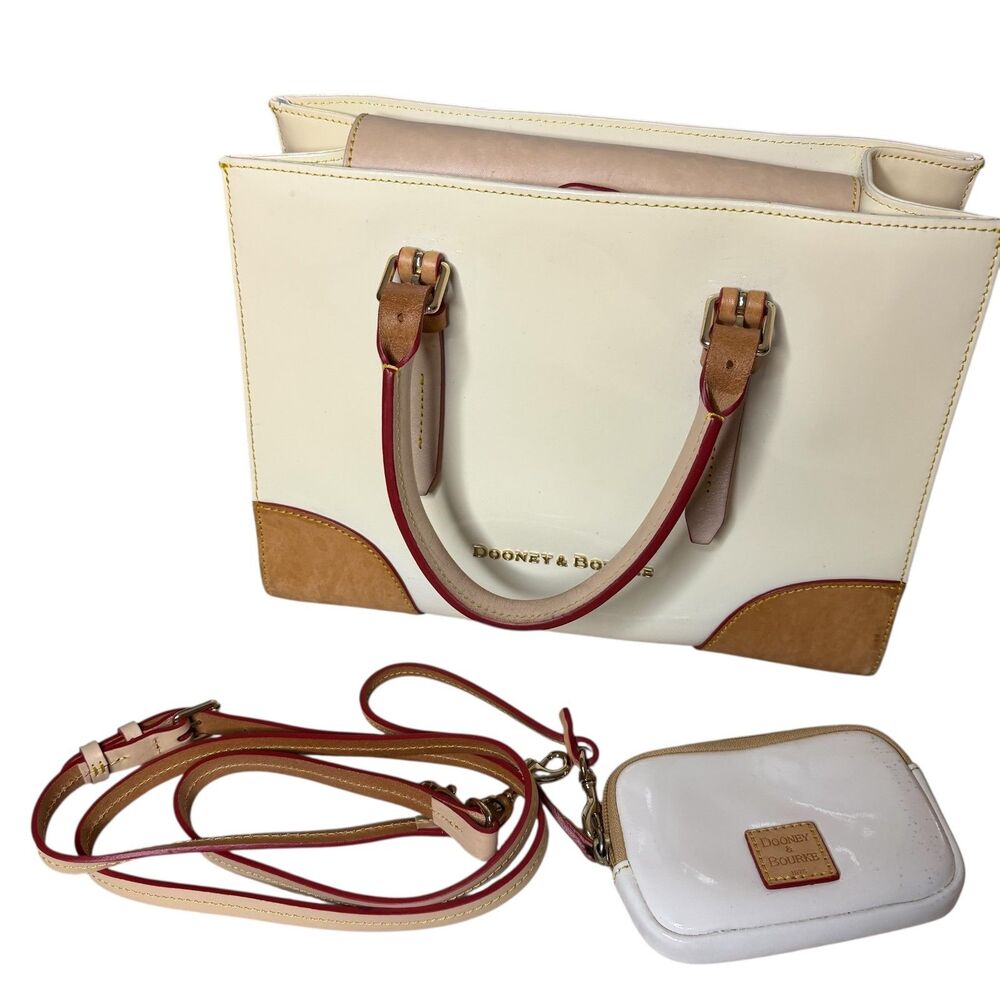 Dooney & Bourke Janine Patent Leather Satchel Purse Bag Cream Brown